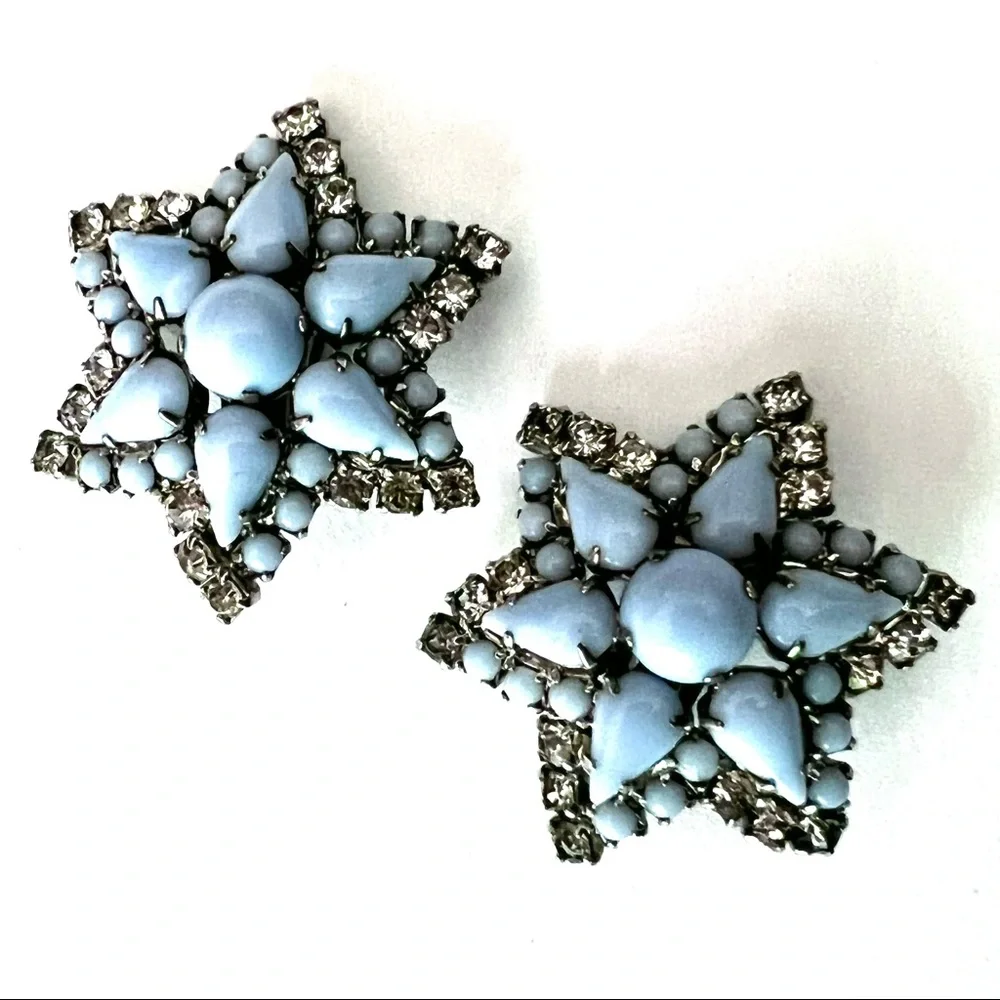 Vintage Designer LaRel Rhinestone Earrings Baby Blue Milk Glass Stars Ear Clips